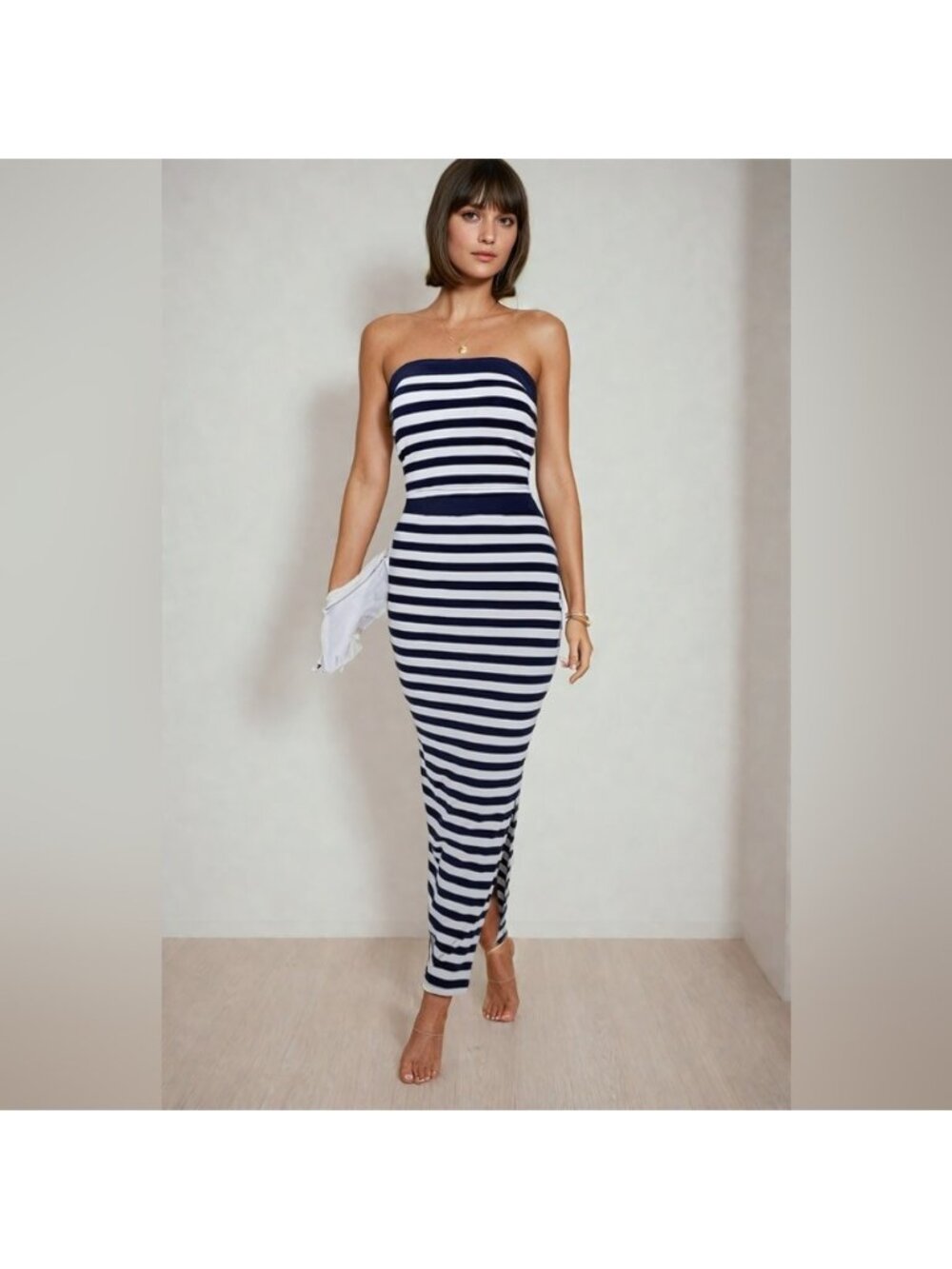 Blue/White Striped Print Tube Top & Split Hem Skirt